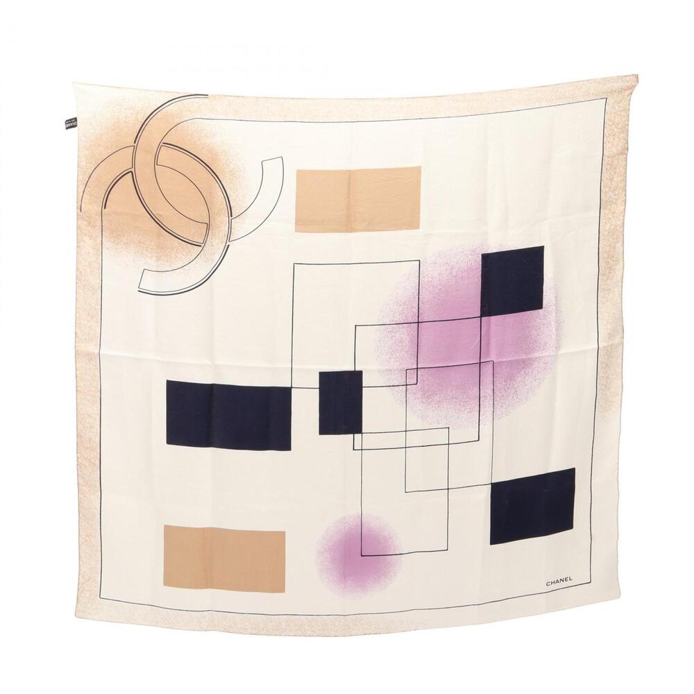 Chanel Coco Mark Scarf/Muffler, Silk, Women's, White/Beige/Multicolor